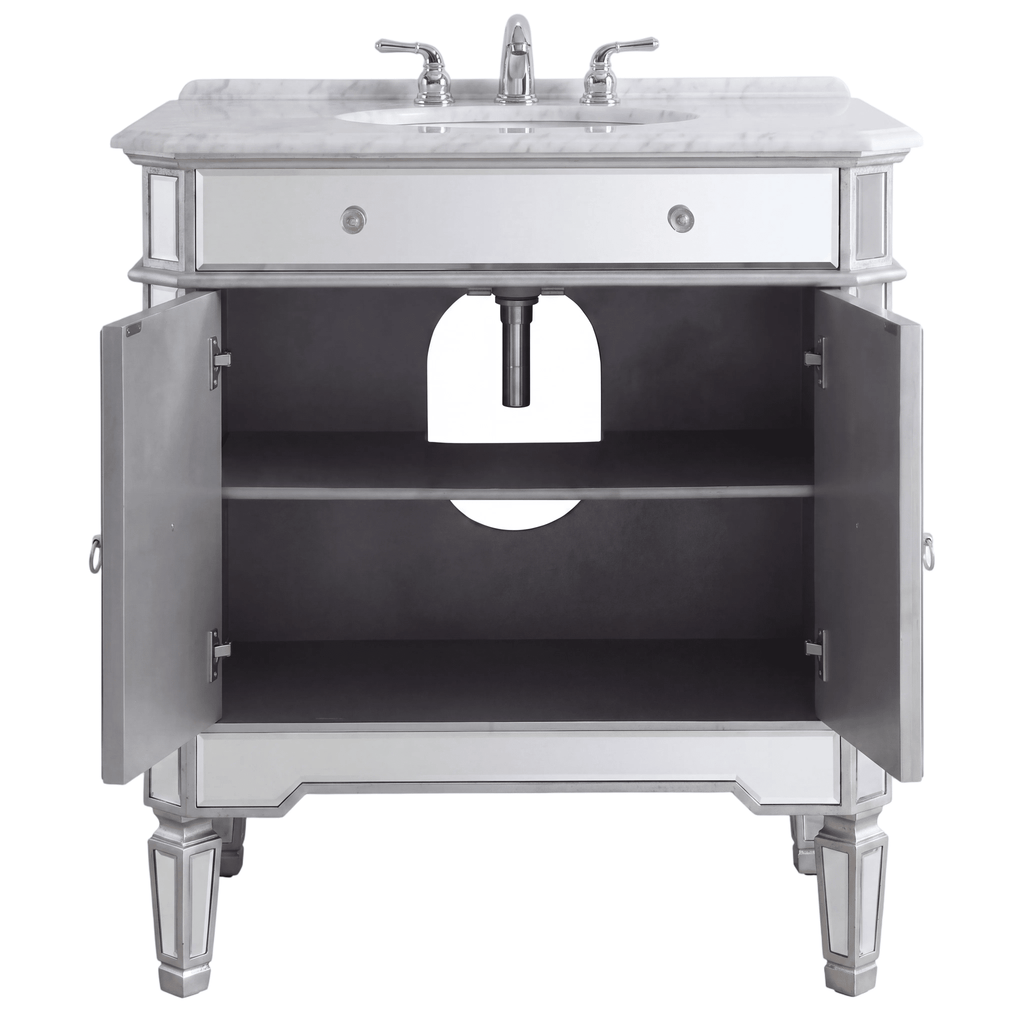 32 Inch Silver Trim Austell Mirrored Bathroom Vanity with Italian Carrara Marble Top
