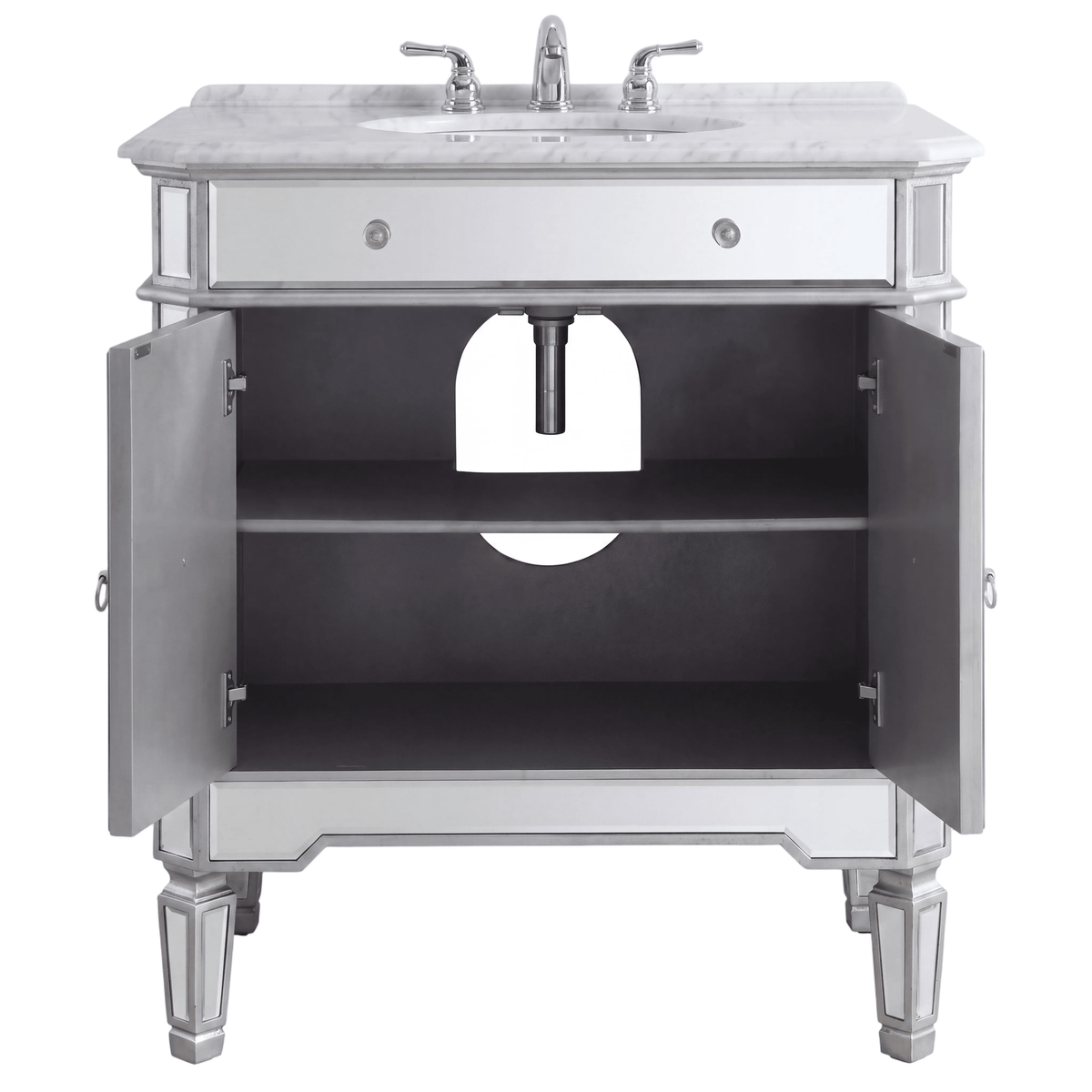 32 Inch Silver Trim Austell Mirrored Bathroom Vanity with Italian Carrara Marble Top