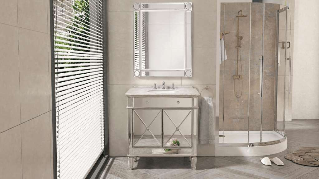 32 Inch Silver Trim Austell Mirrored Bathroom Vanity with Italian Carrara Marble Top