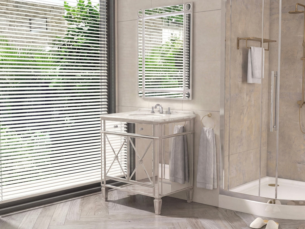 32 Inch Silver Trim Austell Mirrored Bathroom Vanity with Italian Carrara Marble Top