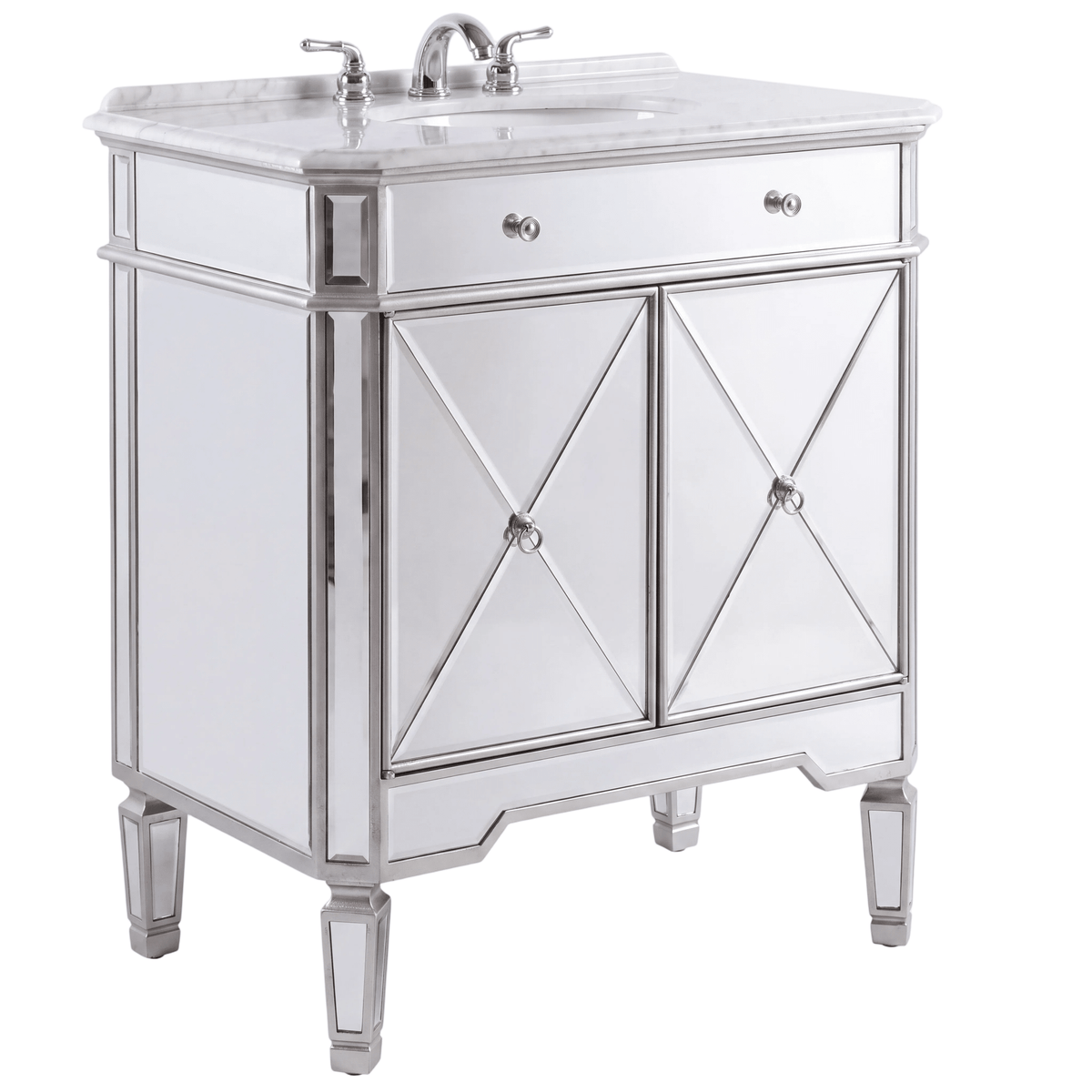 32 Inch Silver Trim Austell Mirrored Bathroom Vanity with Italian Carrara Marble Top