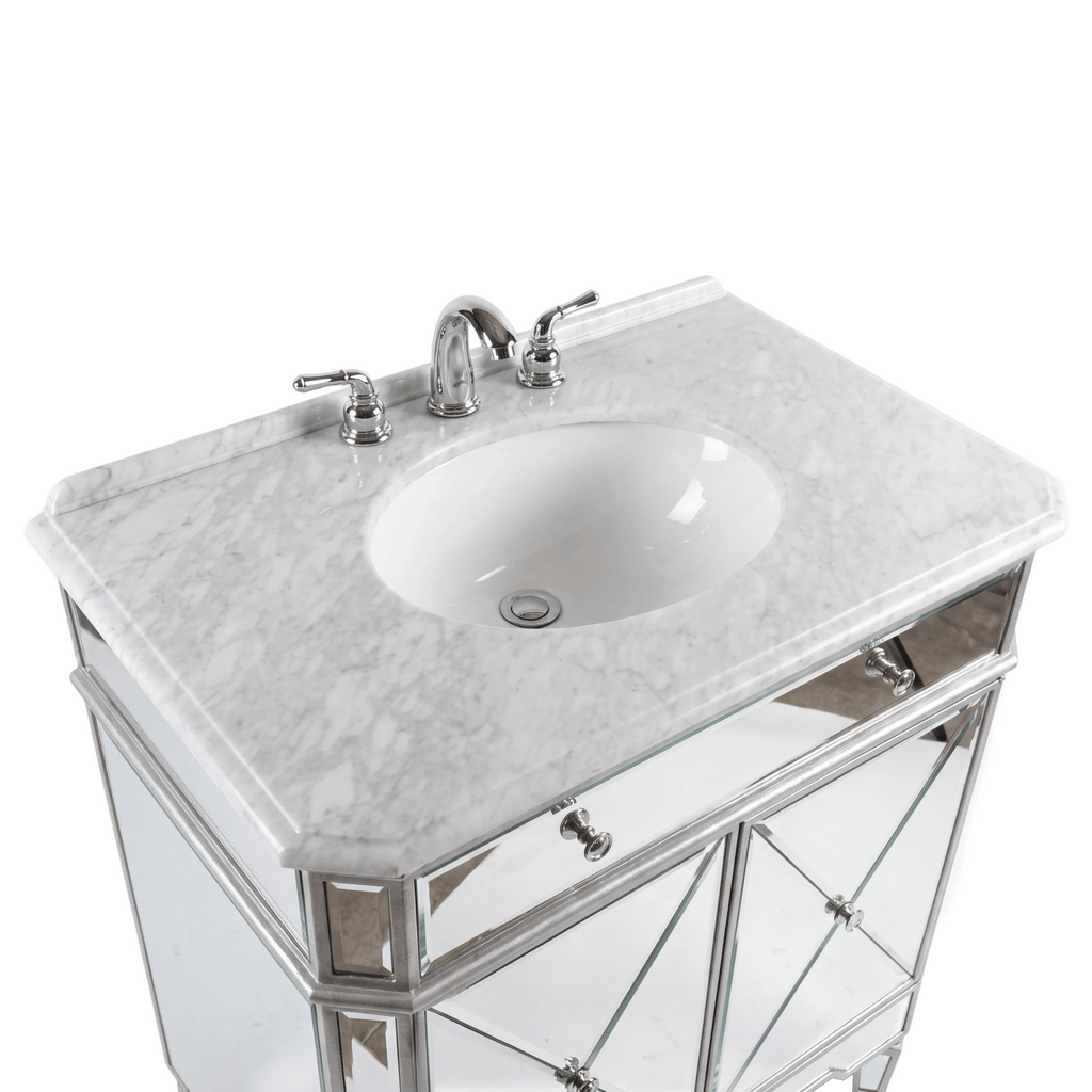 32 Inch Silver Trim Austell Mirrored Bathroom Vanity with Italian Carrara Marble Top