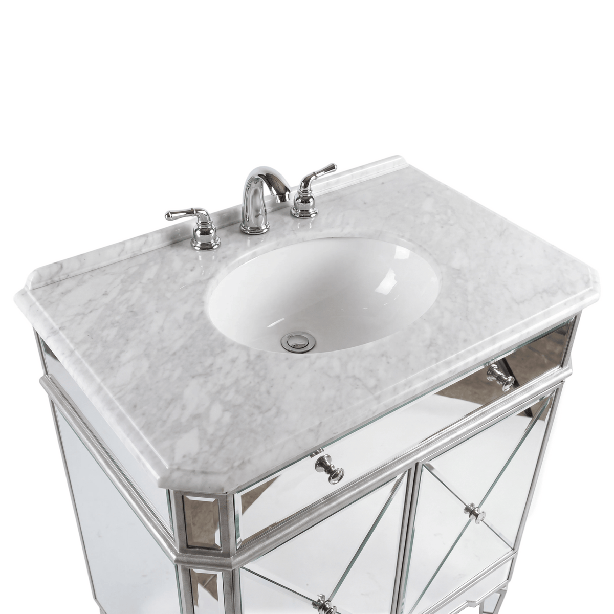 32 Inch Silver Trim Austell Mirrored Bathroom Vanity with Italian Carrara Marble Top