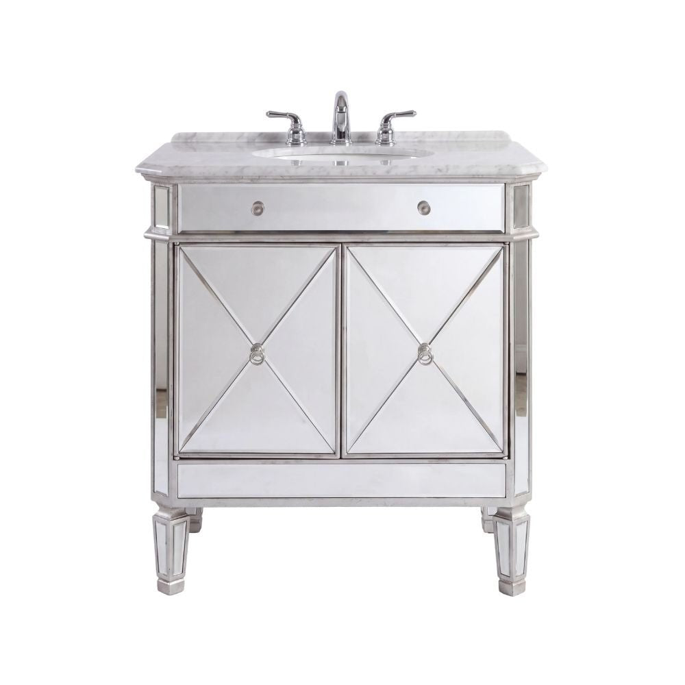 32 Inch Silver Trim Austell Mirrored Bathroom Vanity with Italian Carrara Marble Top
