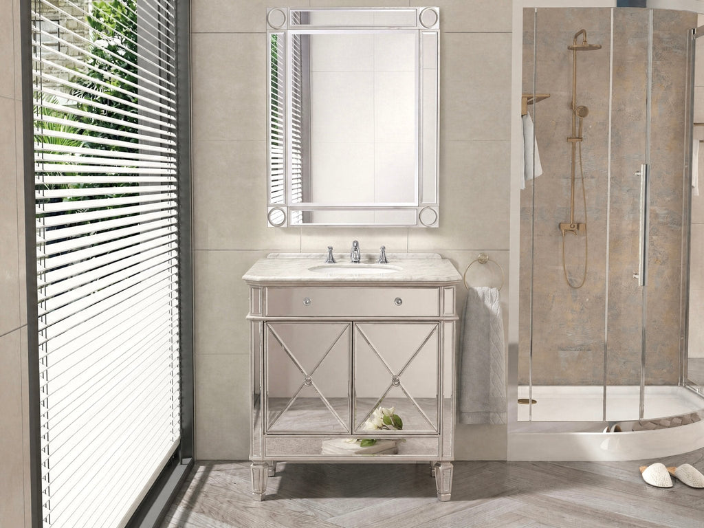 32 Inch Silver Trim Austell Mirrored Bathroom Vanity with Italian Carrara Marble Top