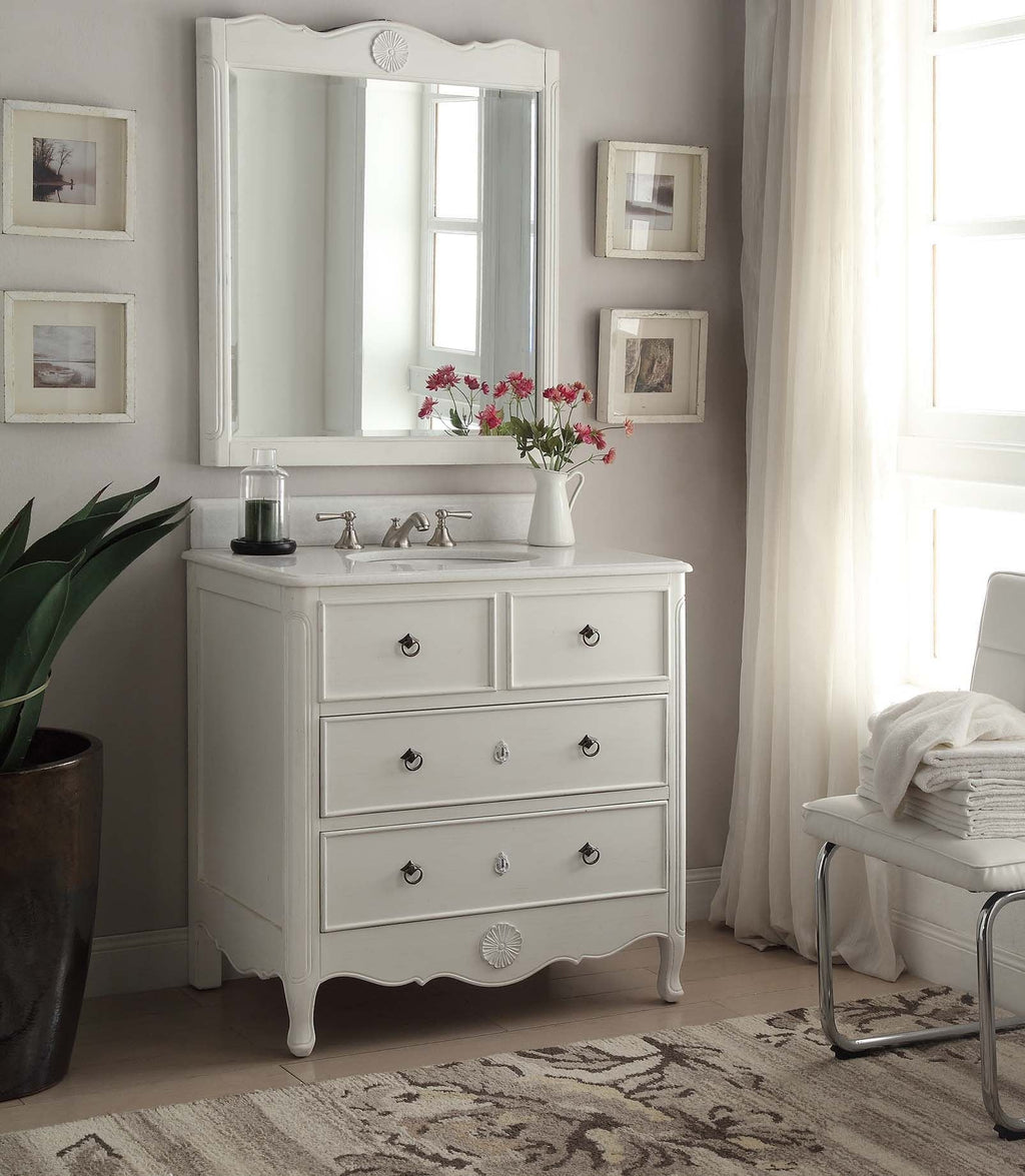 34 Inch Distressed Antique White Daleville Cottage Style Bathroom Sink Vanity