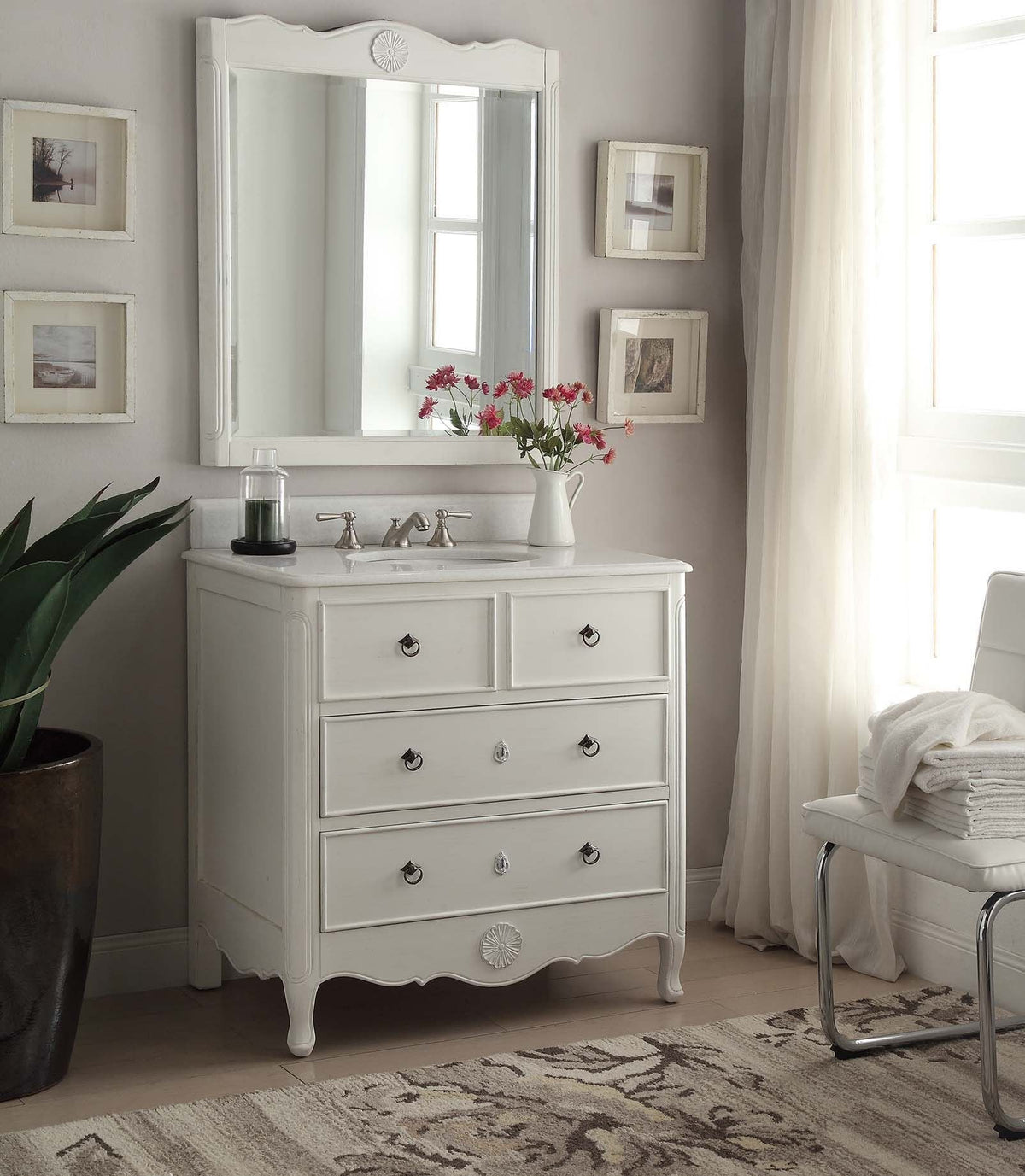 34 Inch Distressed Antique White Daleville Cottage Style Bathroom Sink Vanity