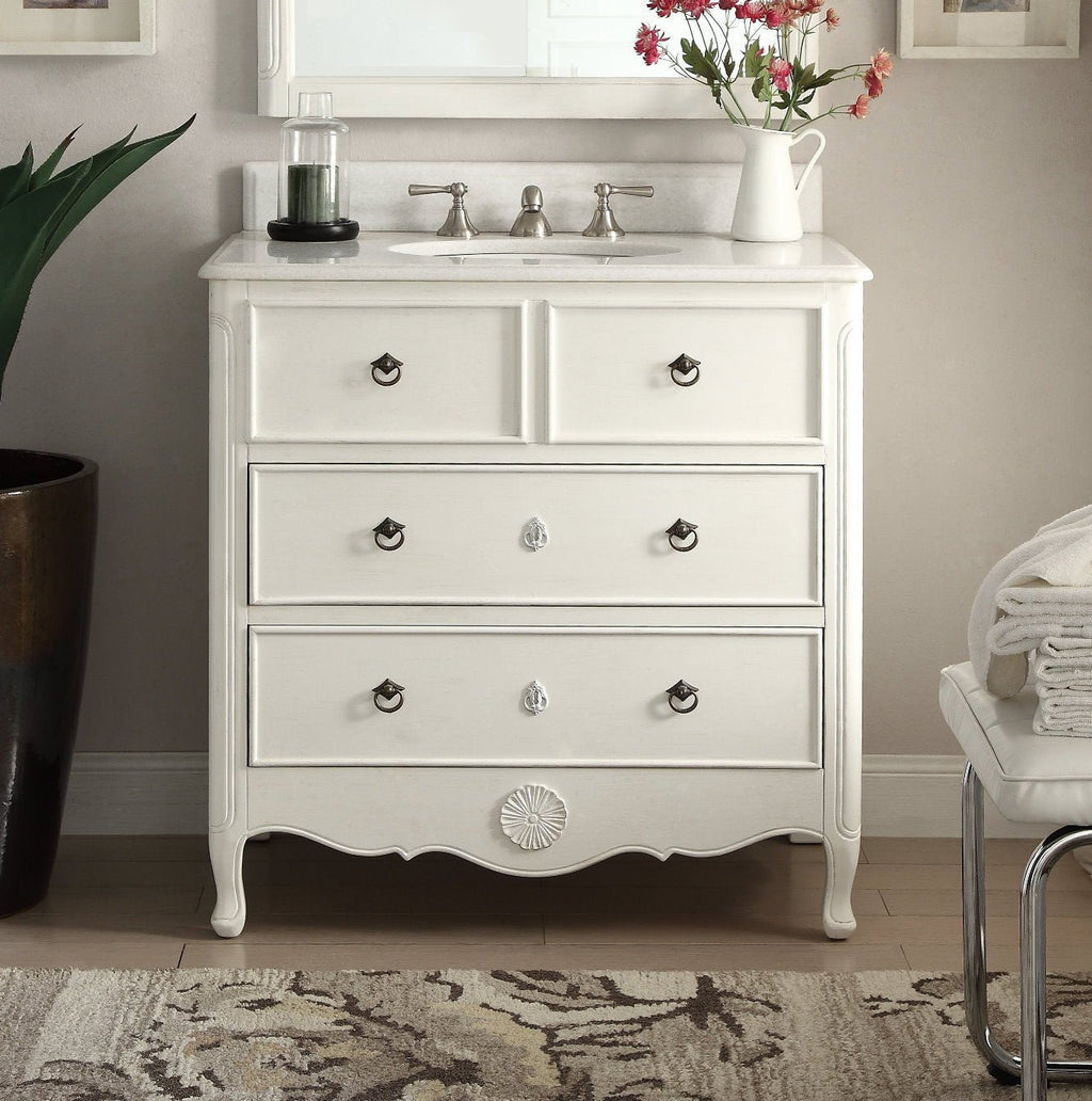 34 Inch Distressed Antique White Daleville Cottage Style Bathroom Sink Vanity