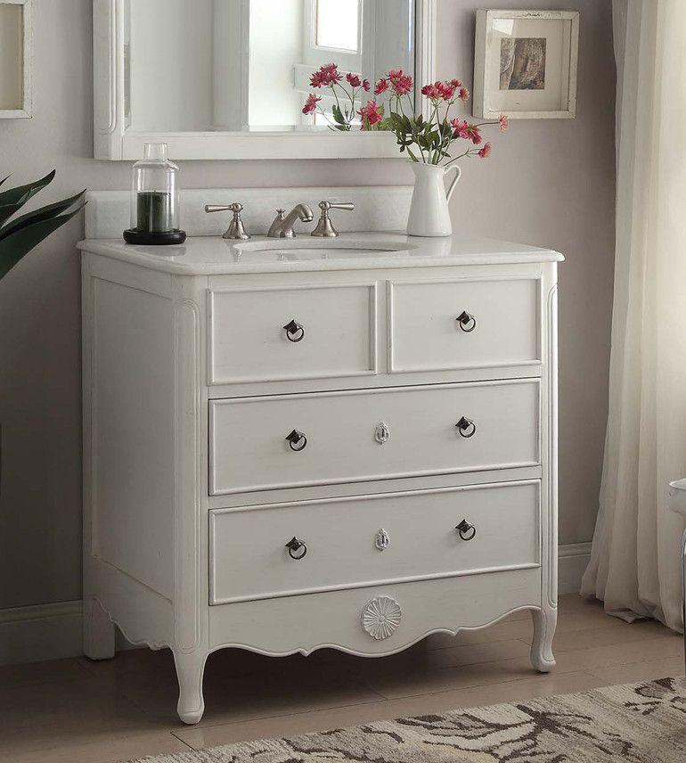 34 Inch Distressed Antique White Daleville Cottage Style Bathroom Sink Vanity