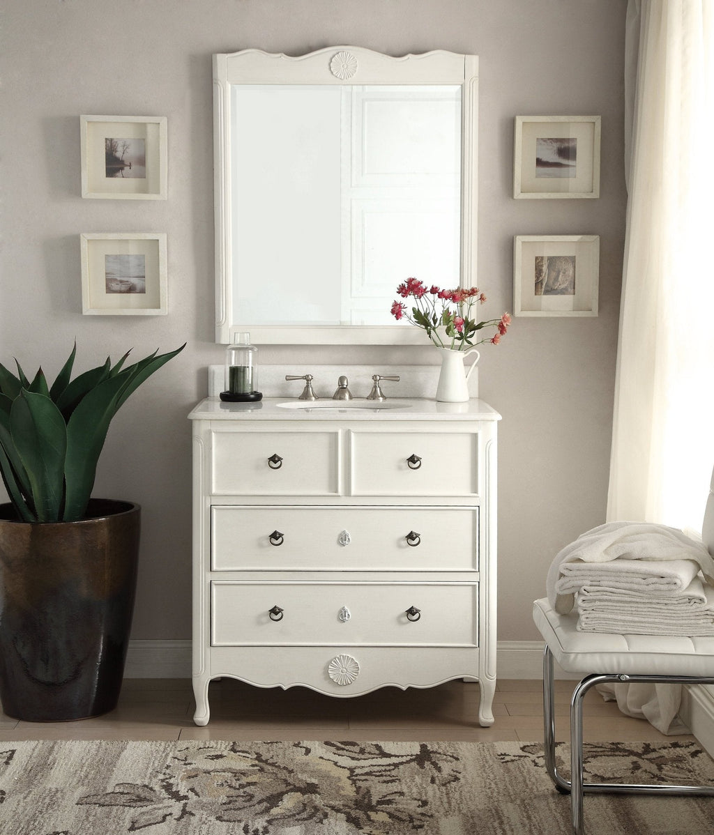 34 Inch Distressed Antique White Daleville Cottage Style Bathroom Sink Vanity