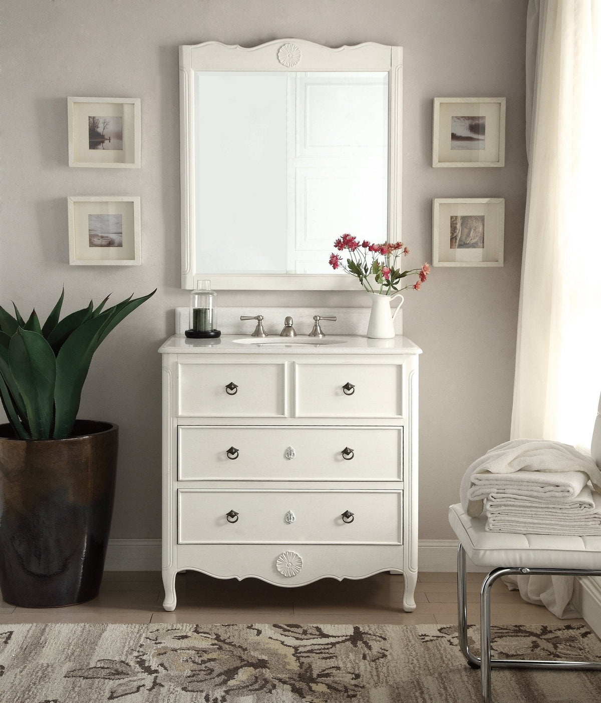 34 Inch Distressed Antique White Daleville Cottage Style Bathroom Sink Vanity