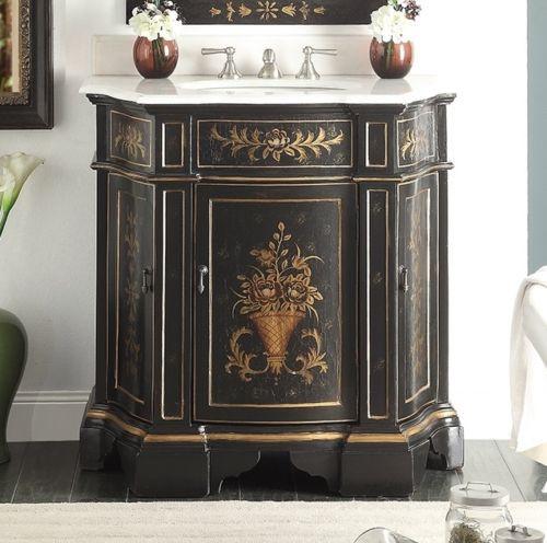 35 Inch Hand - Painted Floral Design Black Crossfield Bathroom Vanity