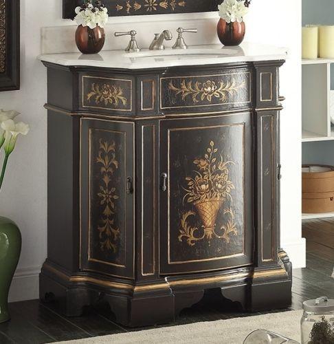 35 Inch Hand - Painted Floral Design Black Crossfield Bathroom Vanity