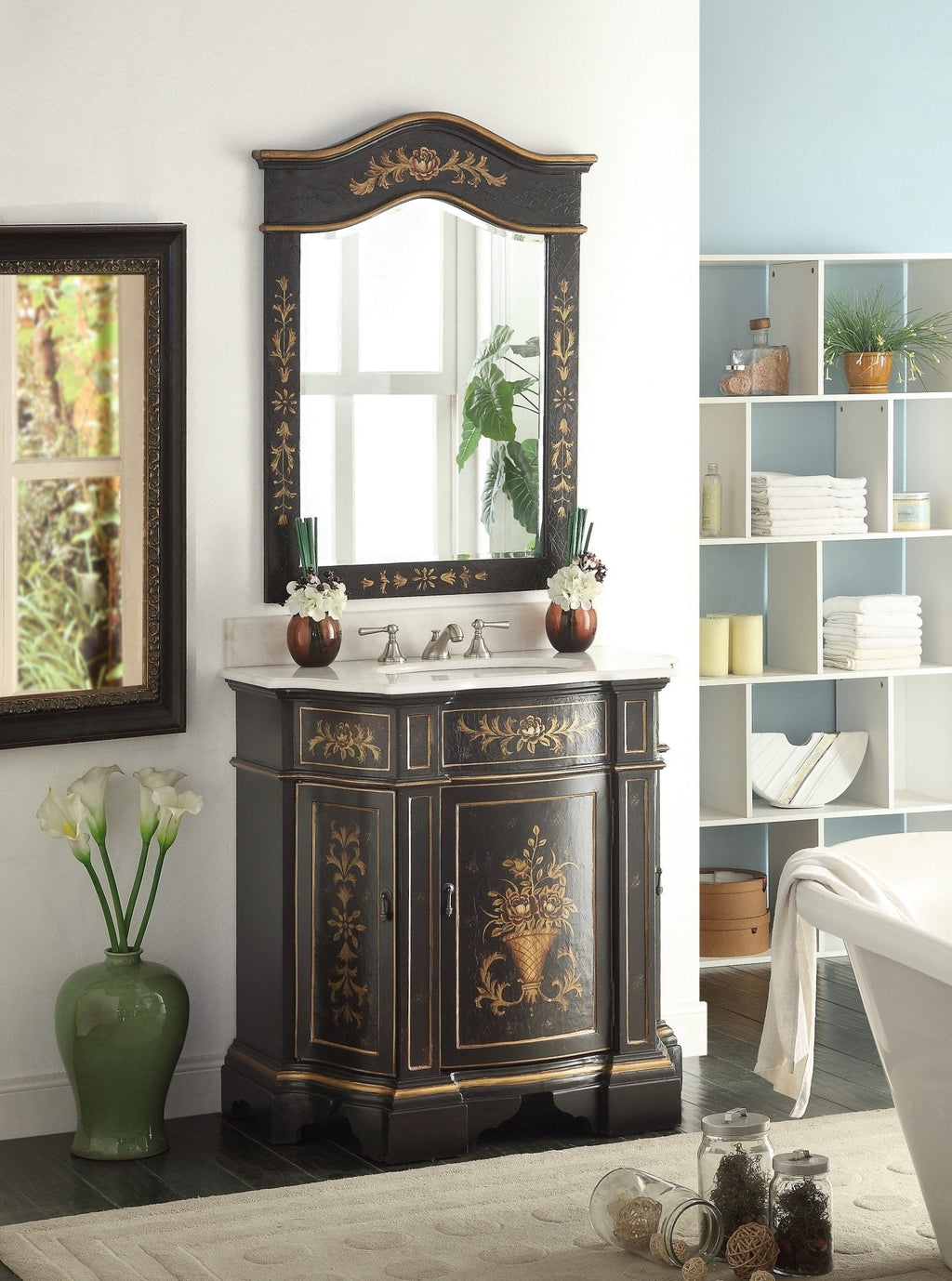 35 Inch Hand - Painted Floral Design Black Crossfield Bathroom Vanity