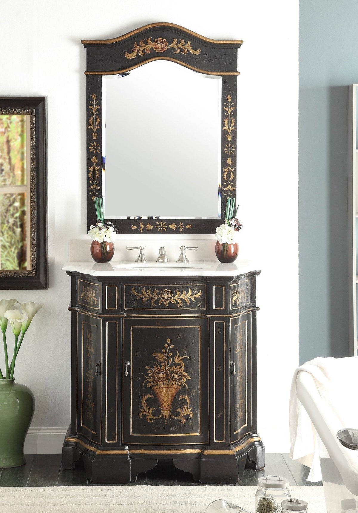 35 Inch Hand - Painted Floral Design Black Crossfield Bathroom Vanity