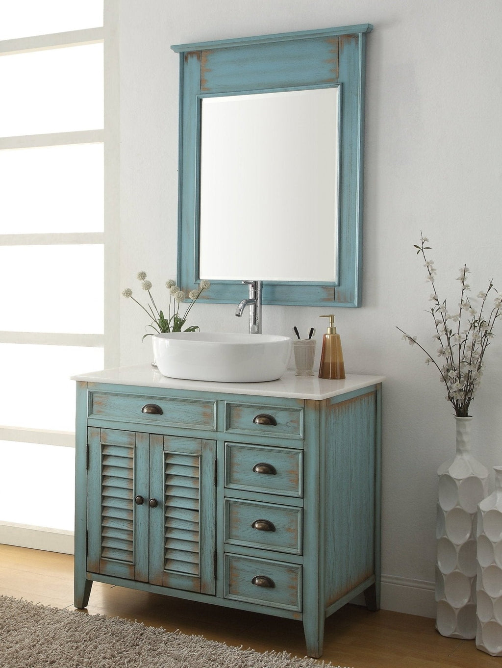 36 Inch Abbeville Farmhouse Style Distressed Blue Vessel Sink Bathroom Vanity