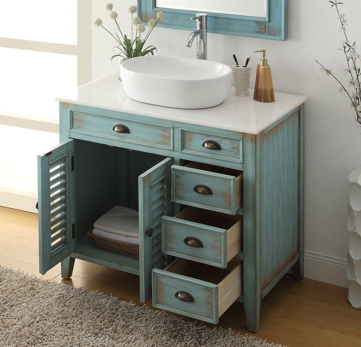36 Inch Abbeville Farmhouse Style Distressed Blue Vessel Sink Bathroom Vanity