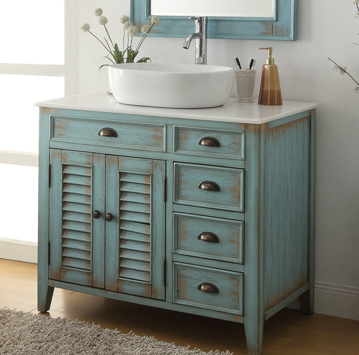 36 Inch Abbeville Farmhouse Style Distressed Blue Vessel Sink Bathroom Vanity