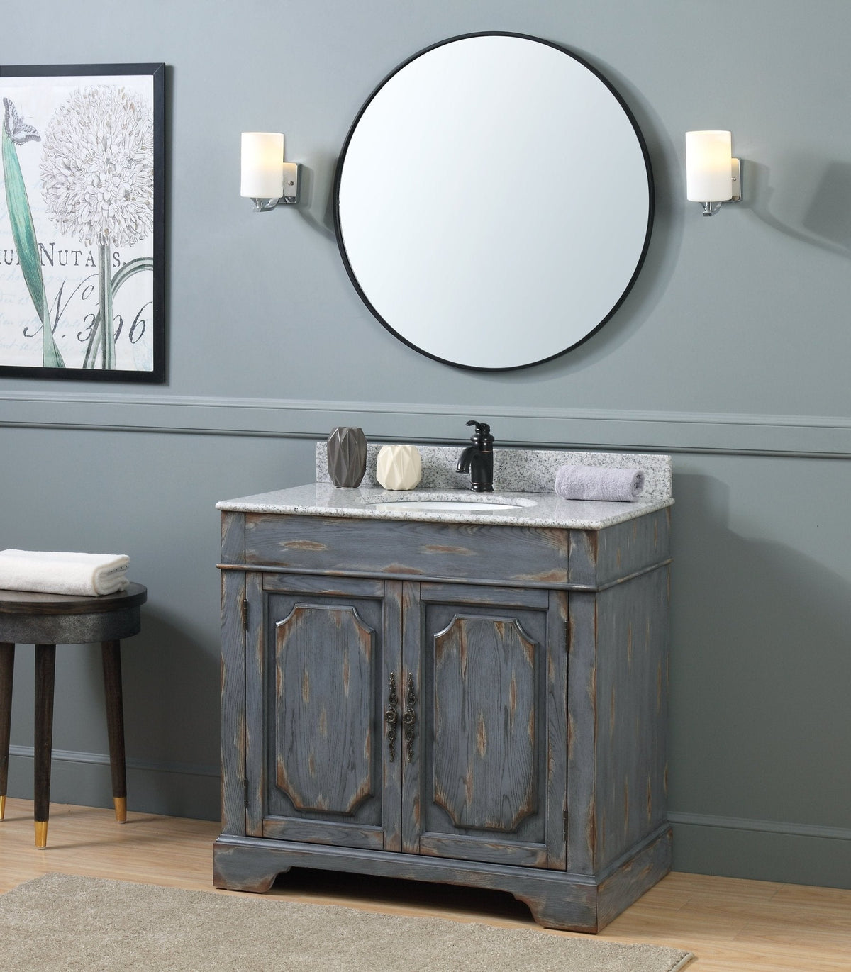 36" Benton Collection Litchfield Rustic Distressed Boho Gray Bathroom Vanity