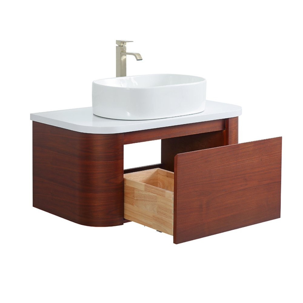 36 inch Cherry Brown Wall Mount Vessel Sink Style Velo Bathroom Sink Vanity
