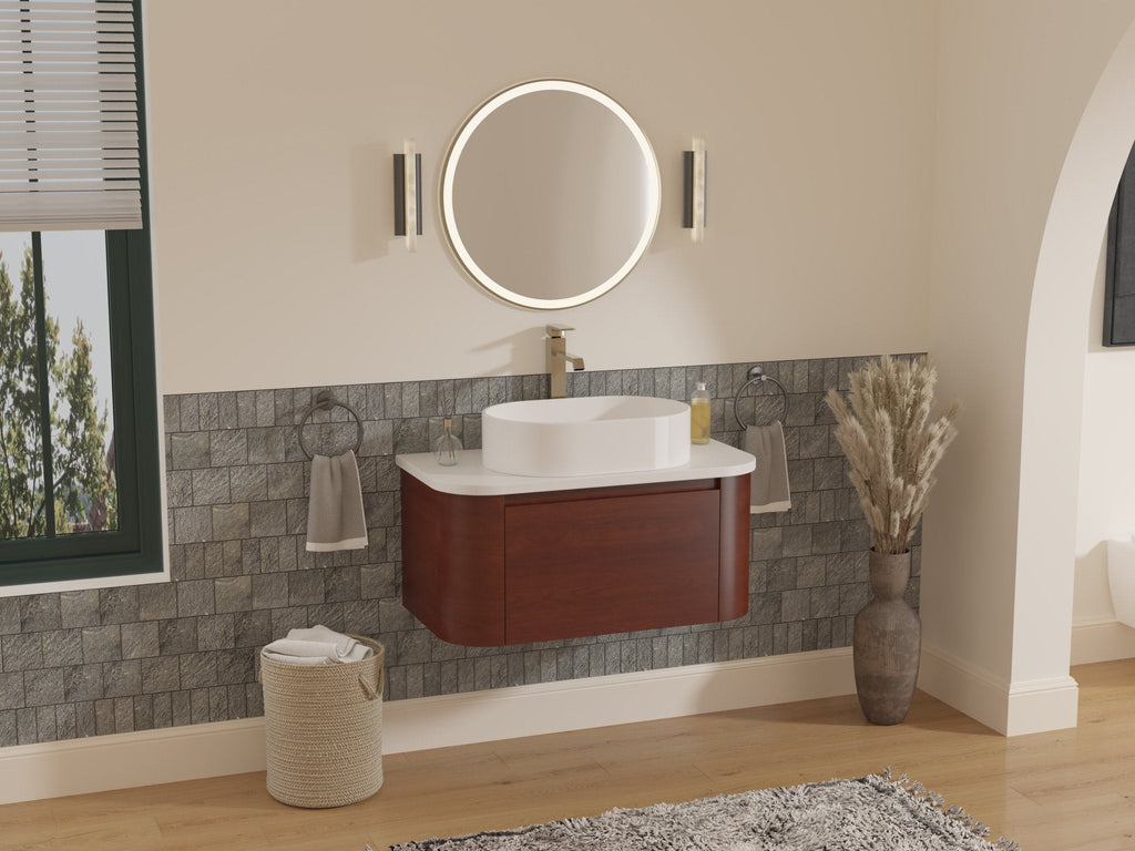 36 inch Cherry Brown Wall Mount Vessel Sink Style Velo Bathroom Sink Vanity
