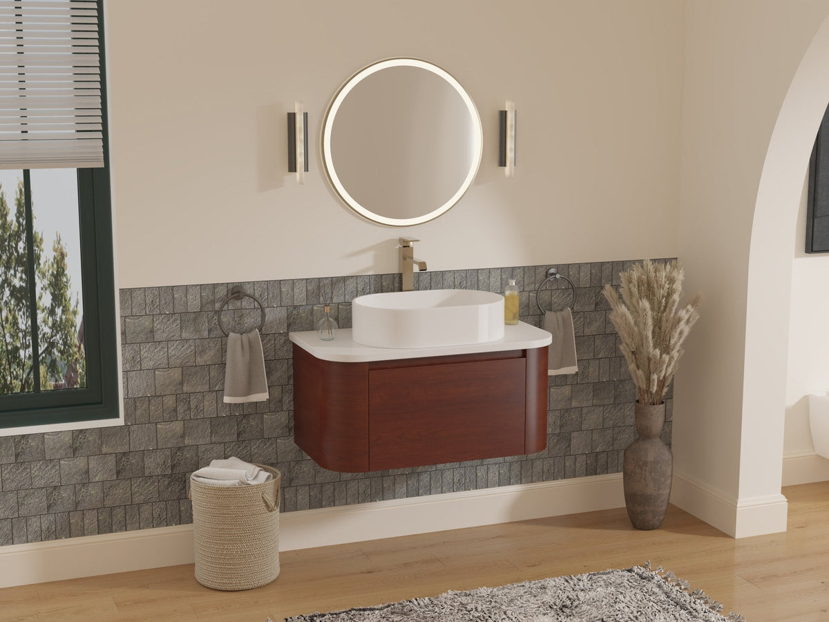 36 inch Cherry Brown Wall Mount Vessel Sink Style Velo Bathroom Sink Vanity