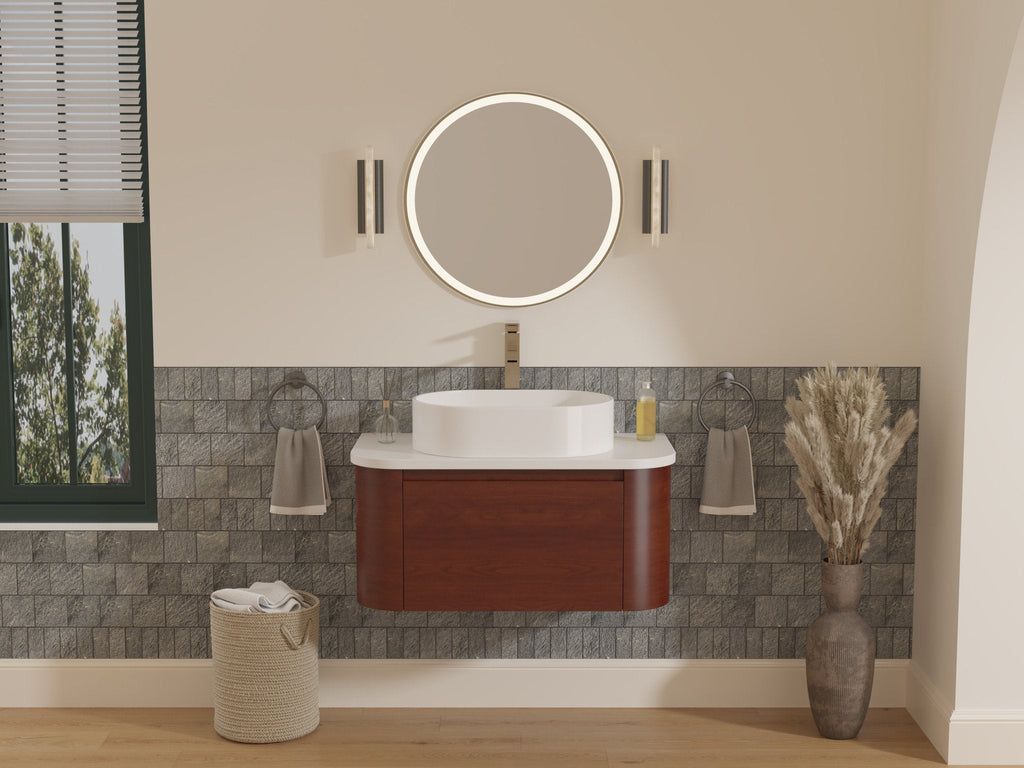 36 inch Cherry Brown Wall Mount Vessel Sink Style Velo Bathroom Sink Vanity