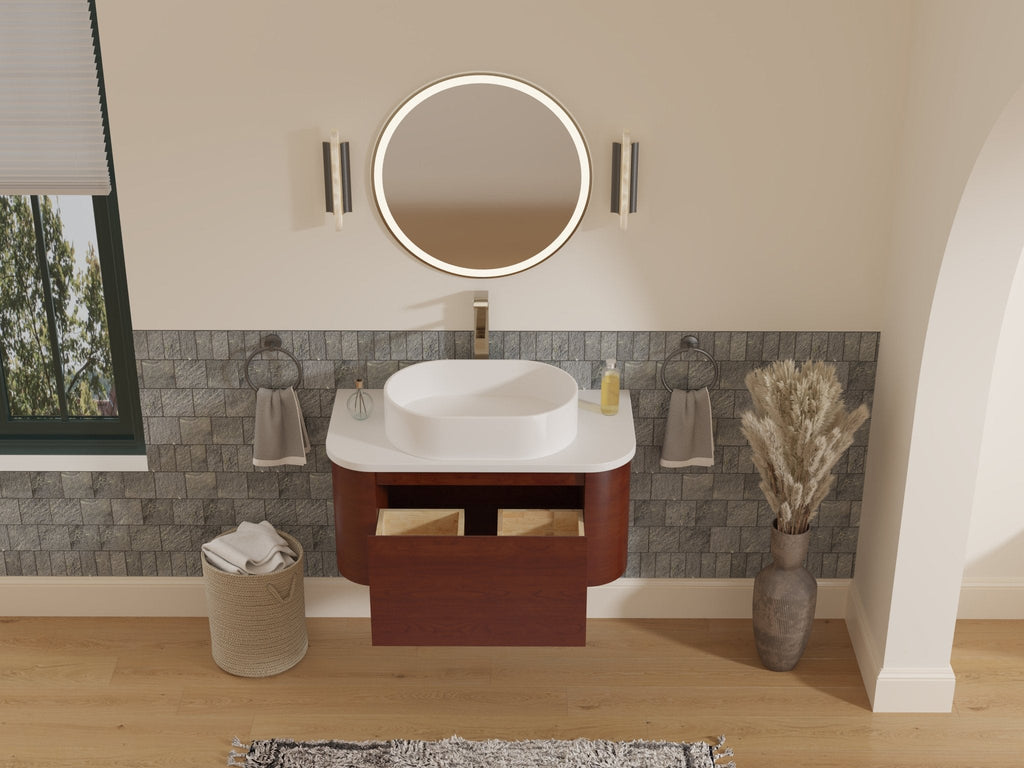 36 inch Cherry Brown Wall Mount Vessel Sink Style Velo Bathroom Sink Vanity