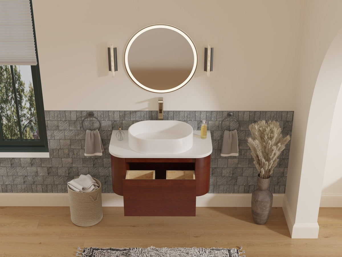 36 inch Cherry Brown Wall Mount Vessel Sink Style Velo Bathroom Sink Vanity