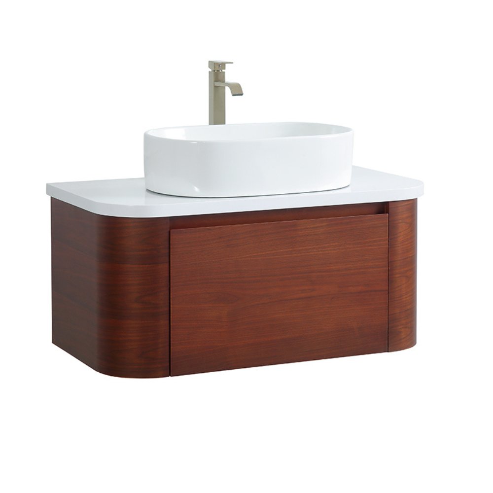 36 inch Cherry Brown Wall Mount Vessel Sink Style Velo Bathroom Sink Vanity