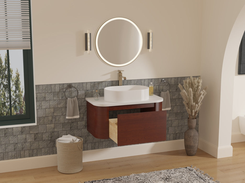 36 inch Cherry Brown Wall Mount Vessel Sink Style Velo Bathroom Sink Vanity