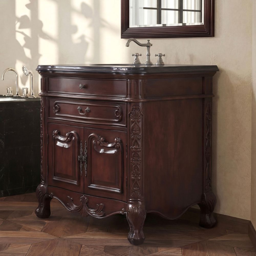 36 Inch Mahogany Wood Classic Style Madison Black Granite Countertop Bathroom Sink Vanity