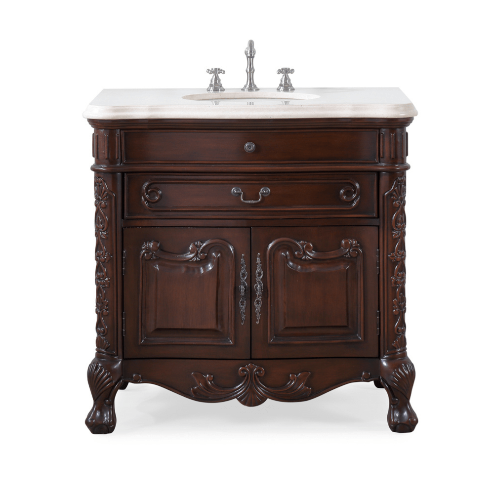 36 Inch Mahogany Wood Classic Style Madison Cream Marble Countertop Bathroom Sink Vanity