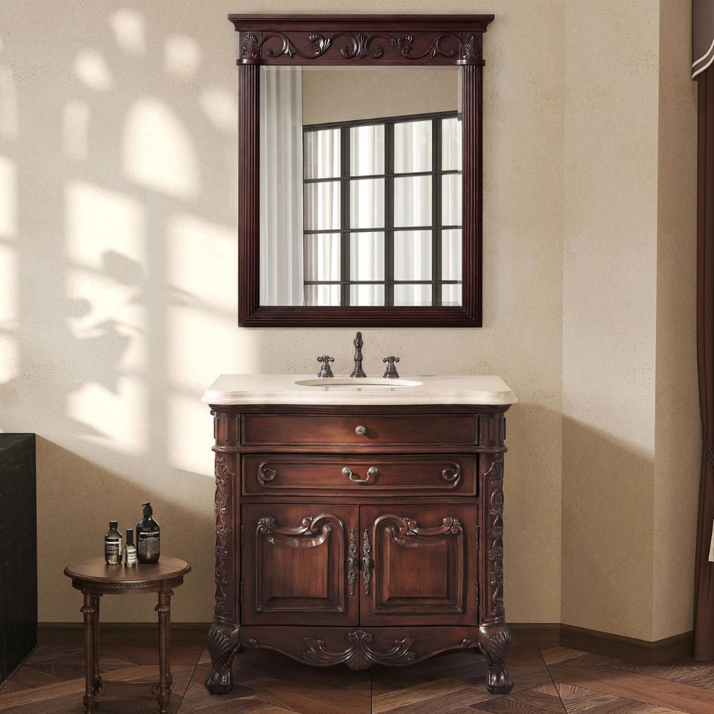 36 Inch Mahogany Wood Classic Style Madison Cream Marble Countertop Bathroom Sink Vanity