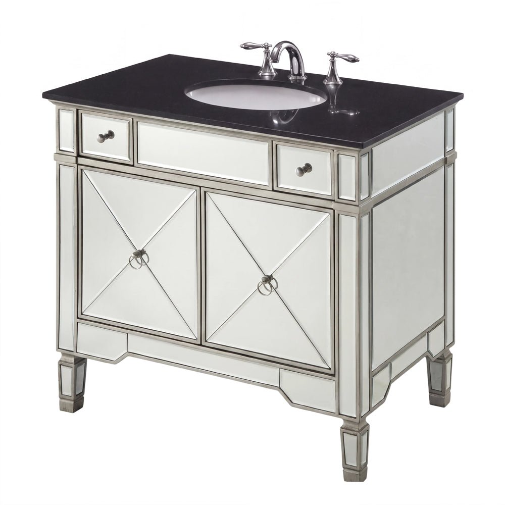 36 Inch Silver Trim Ashlyn Mirrored Bathroom Vanity with Black Granite Top