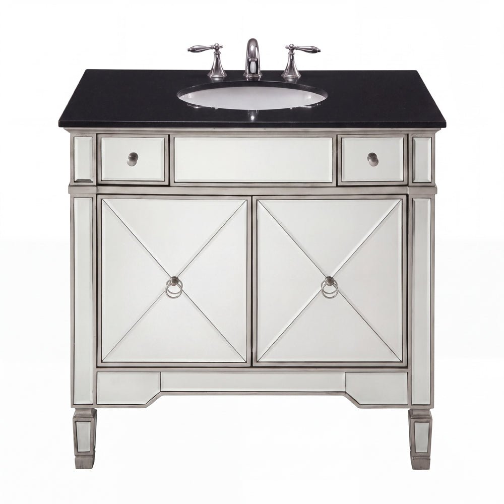 36 Inch Silver Trim Ashlyn Mirrored Bathroom Vanity with Black Granite Top