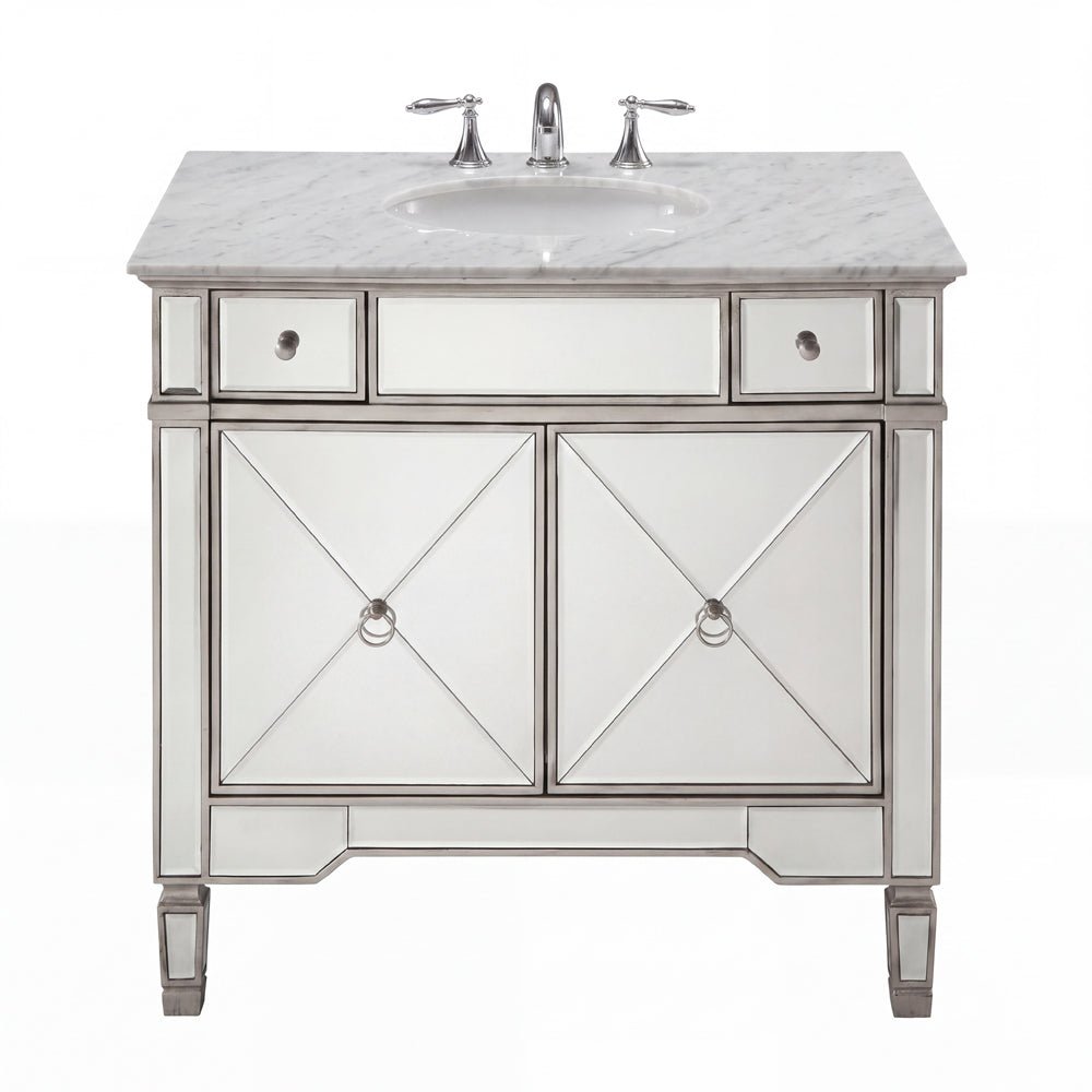 36 Inch Silver Trim Ashlyn Mirrored Bathroom Vanity with Italian Carrara Marble Top