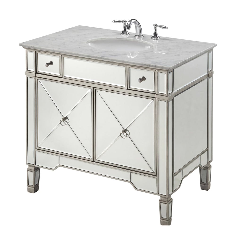 36 Inch Silver Trim Ashlyn Mirrored Bathroom Vanity with Italian Carrara Marble Top