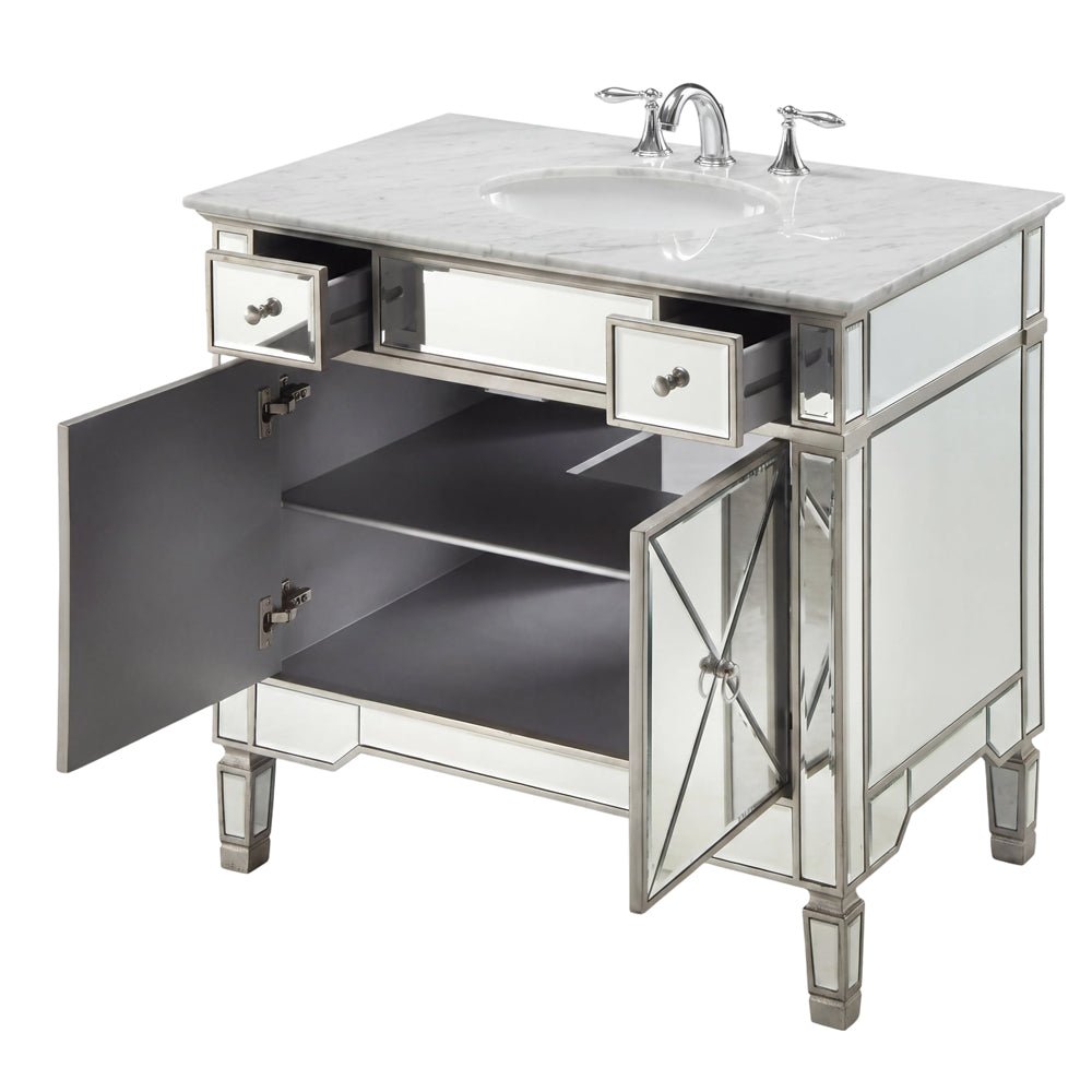 36 Inch Silver Trim Ashlyn Mirrored Bathroom Vanity with Italian Carrara Marble Top