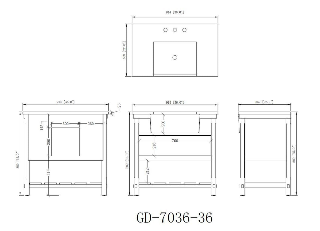 36-Inches Kendia Farmhouse Sink Bathroom Vanity - GD-7036-WT36-GT - Chans Furniture