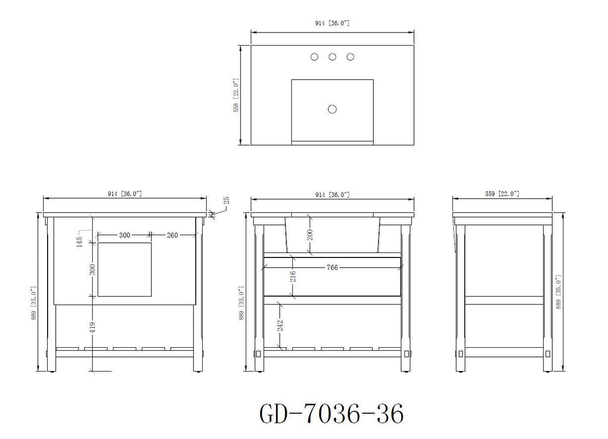 36-Inches Kendia Farmhouse Sink Bathroom Vanity - GD-7036-WT36-GT - Chans Furniture