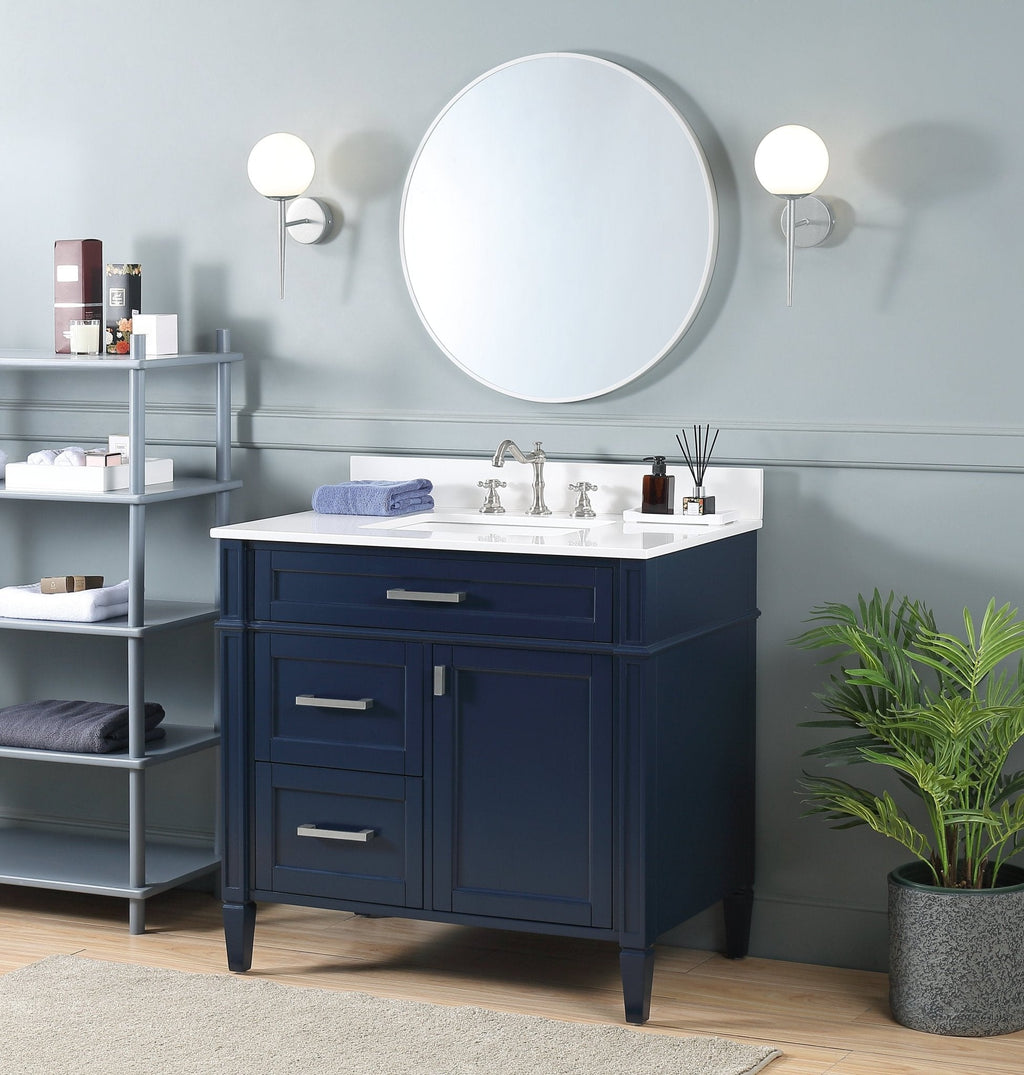 36 Inch Durand Modern Navy Blue Bathroom Sink Vanity with Stone Counter Top