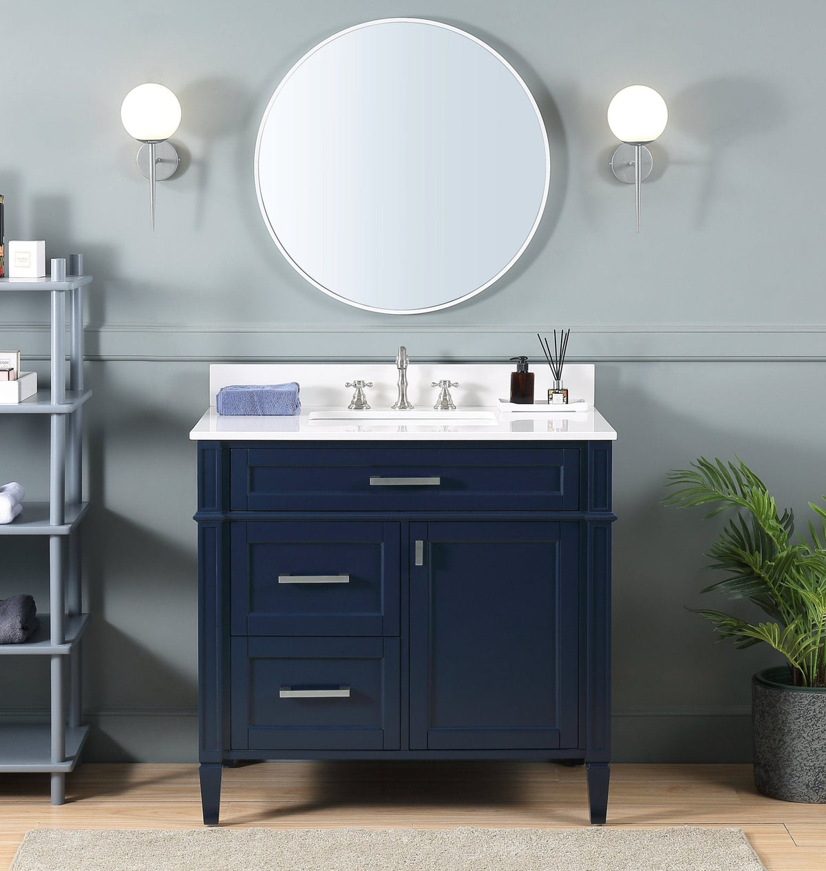 36 Inch Durand Modern Navy Blue Bathroom Sink Vanity with Stone Counter Top