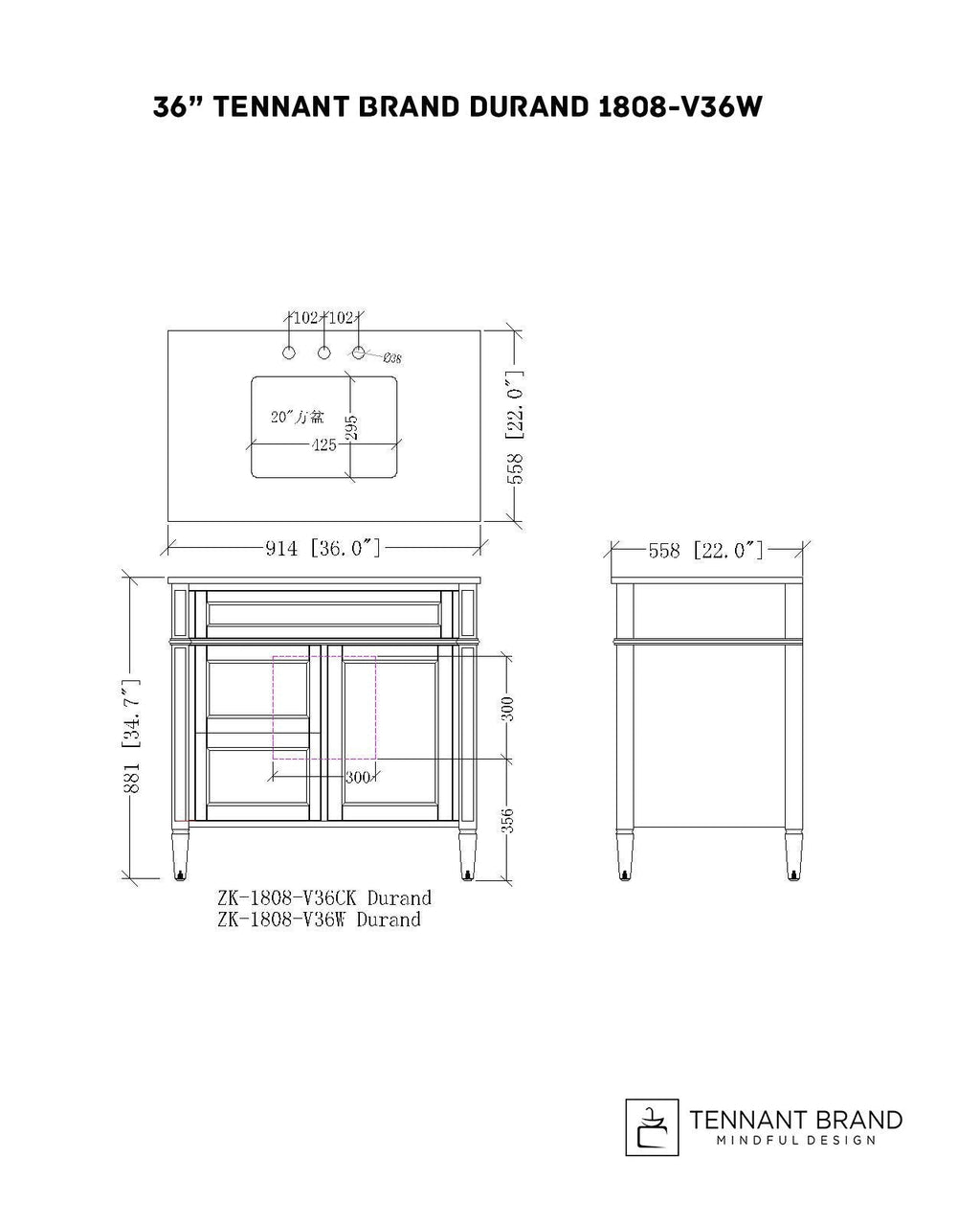36 Inch Durand Modern White Bathroom Sink Vanity with Stone Counter Top