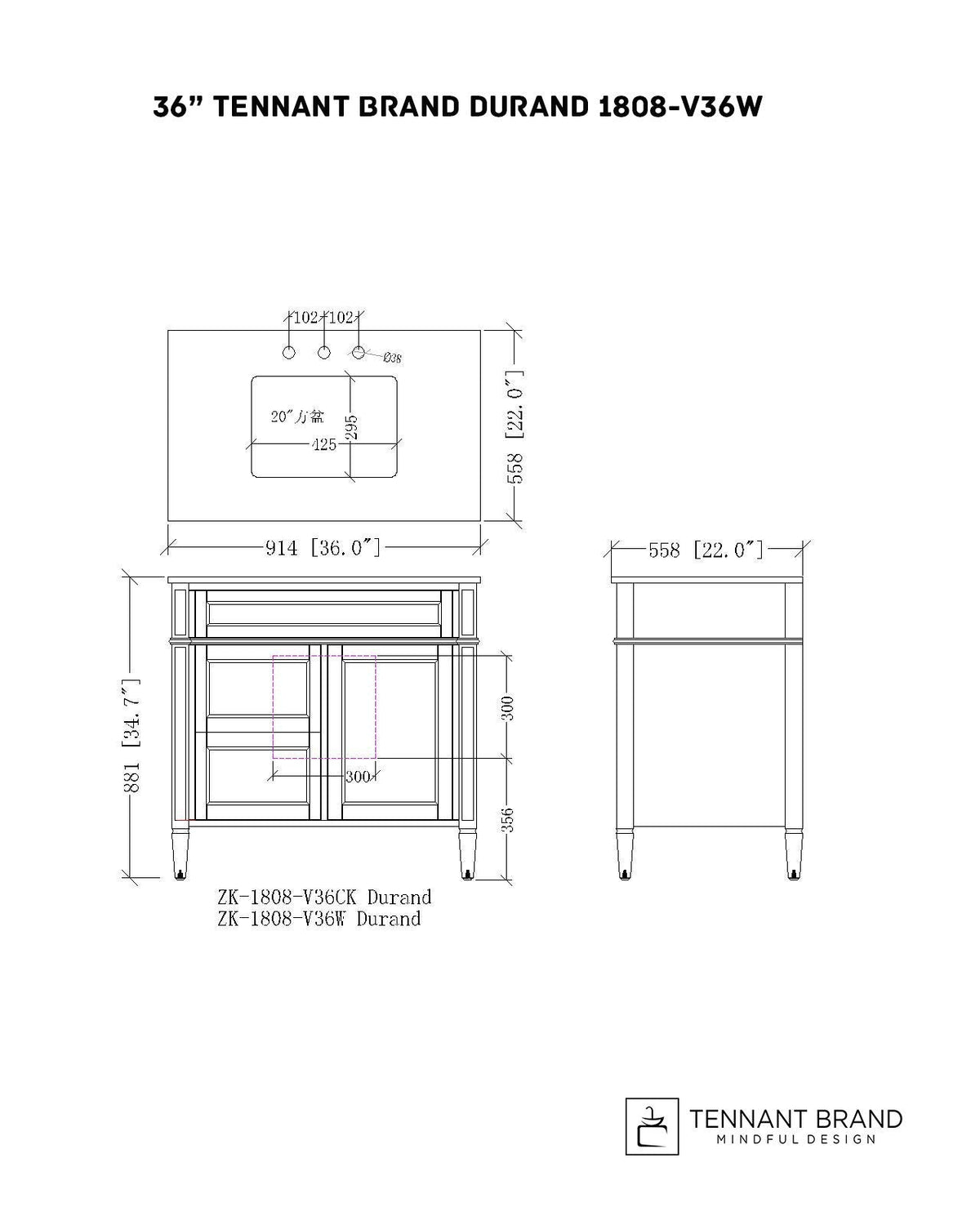 36 Inch Durand Modern White Bathroom Sink Vanity with Stone Counter Top