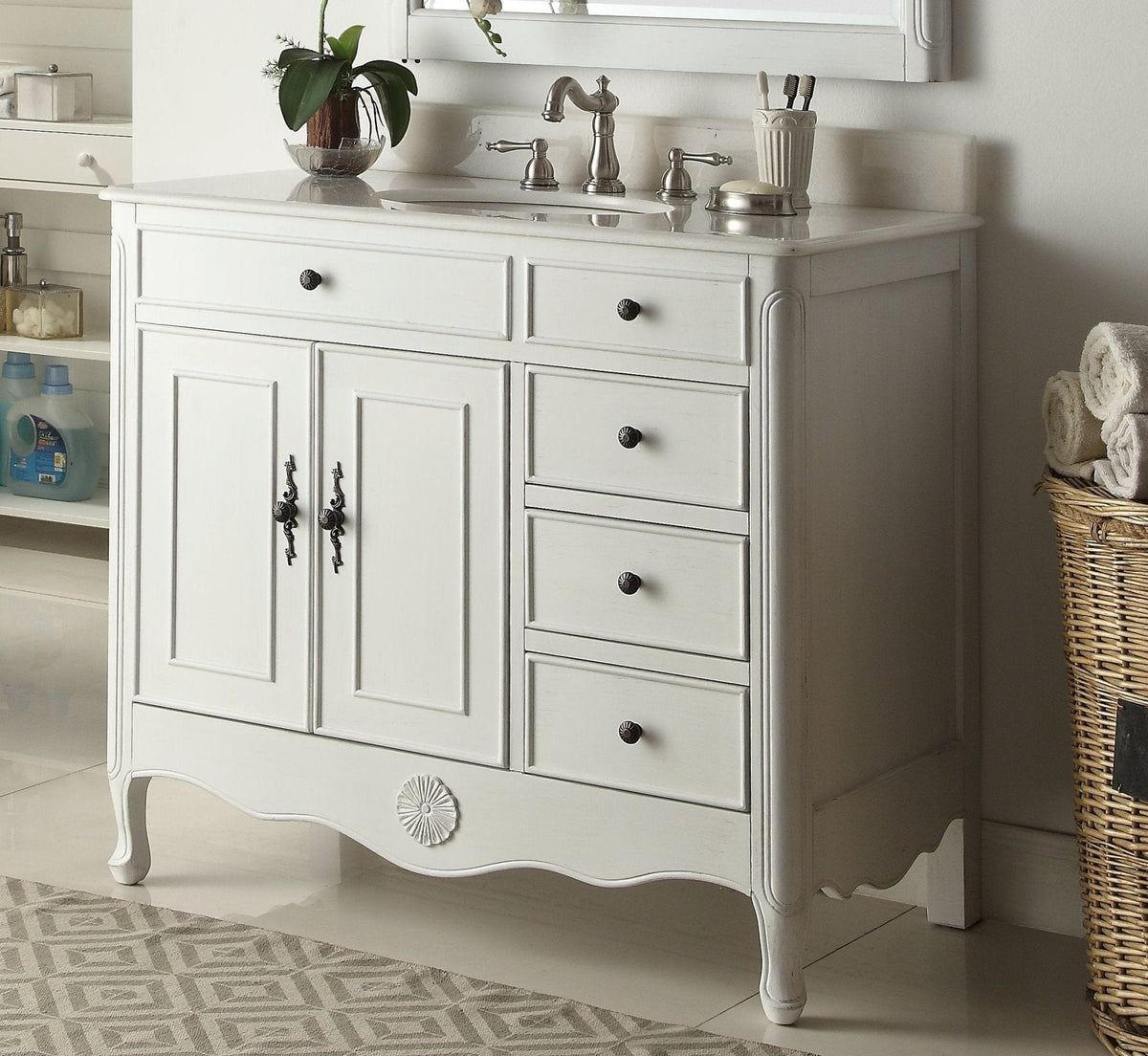 38 Inch Distressed Antique White Cottage Style Daleville Bathroom Sink Vanity
