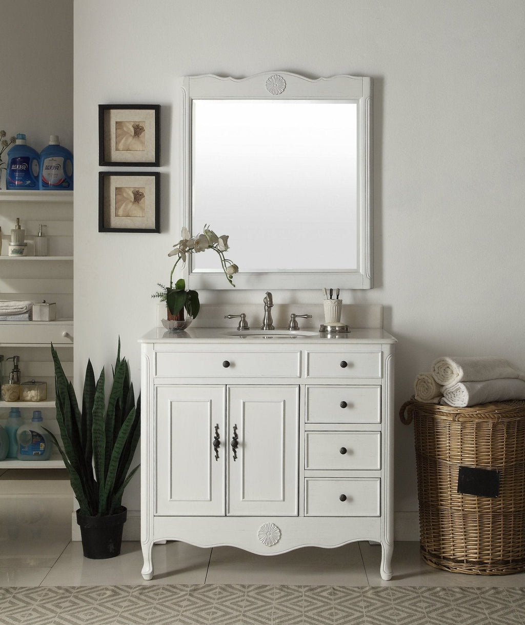 38 Inch Distressed Antique White Cottage Style Daleville Bathroom Sink Vanity