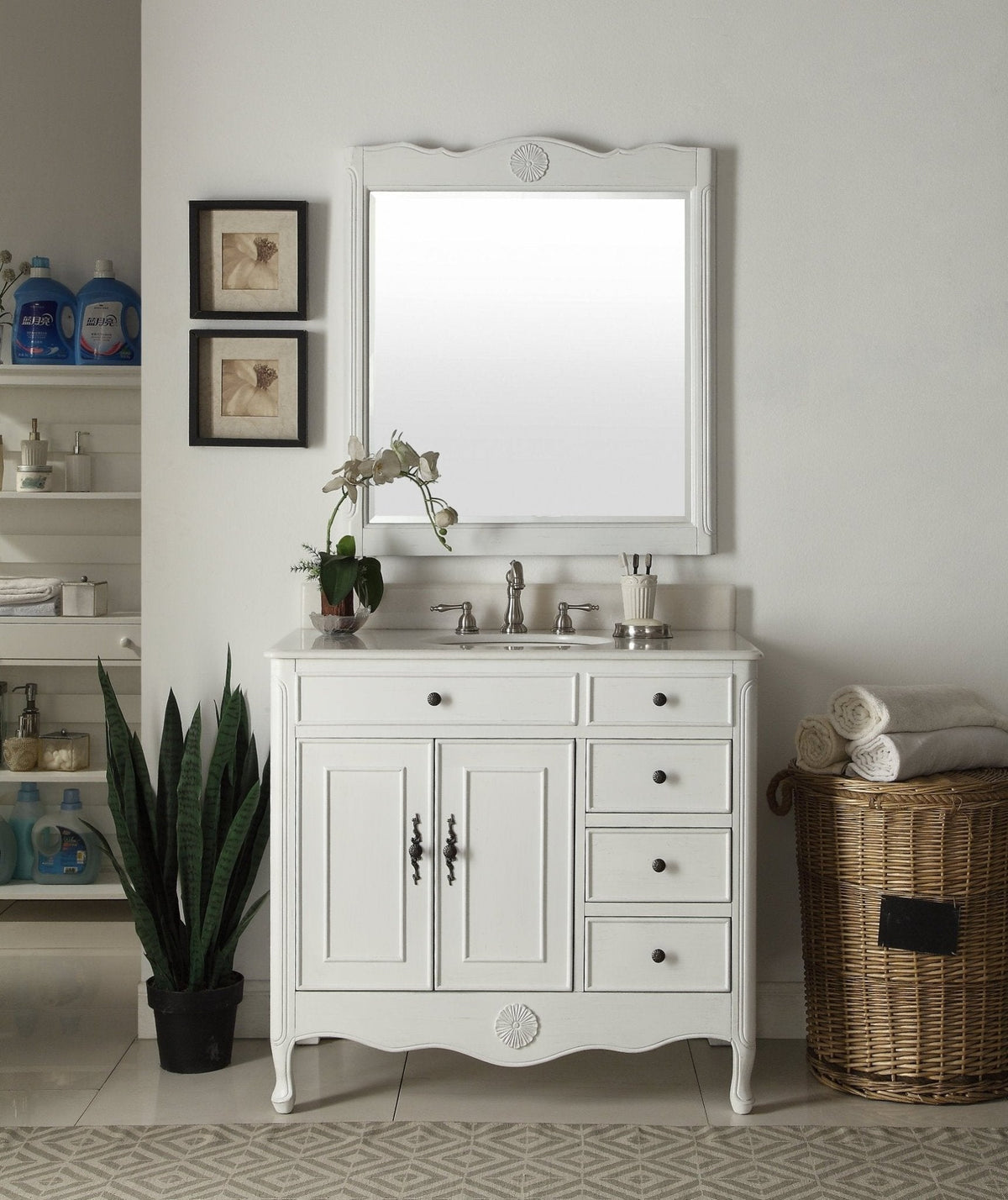 38 Inch Distressed Antique White Cottage Style Daleville Bathroom Sink Vanity