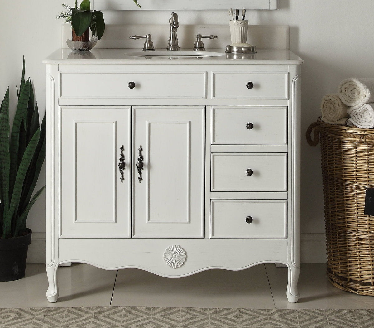 38 Inch Distressed Antique White Cottage Style Daleville Bathroom Sink Vanity