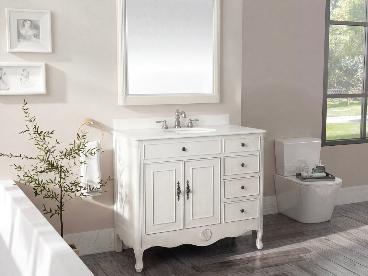 38 Inch Distressed Antique White Cottage Style Daleville Bathroom Sink Vanity